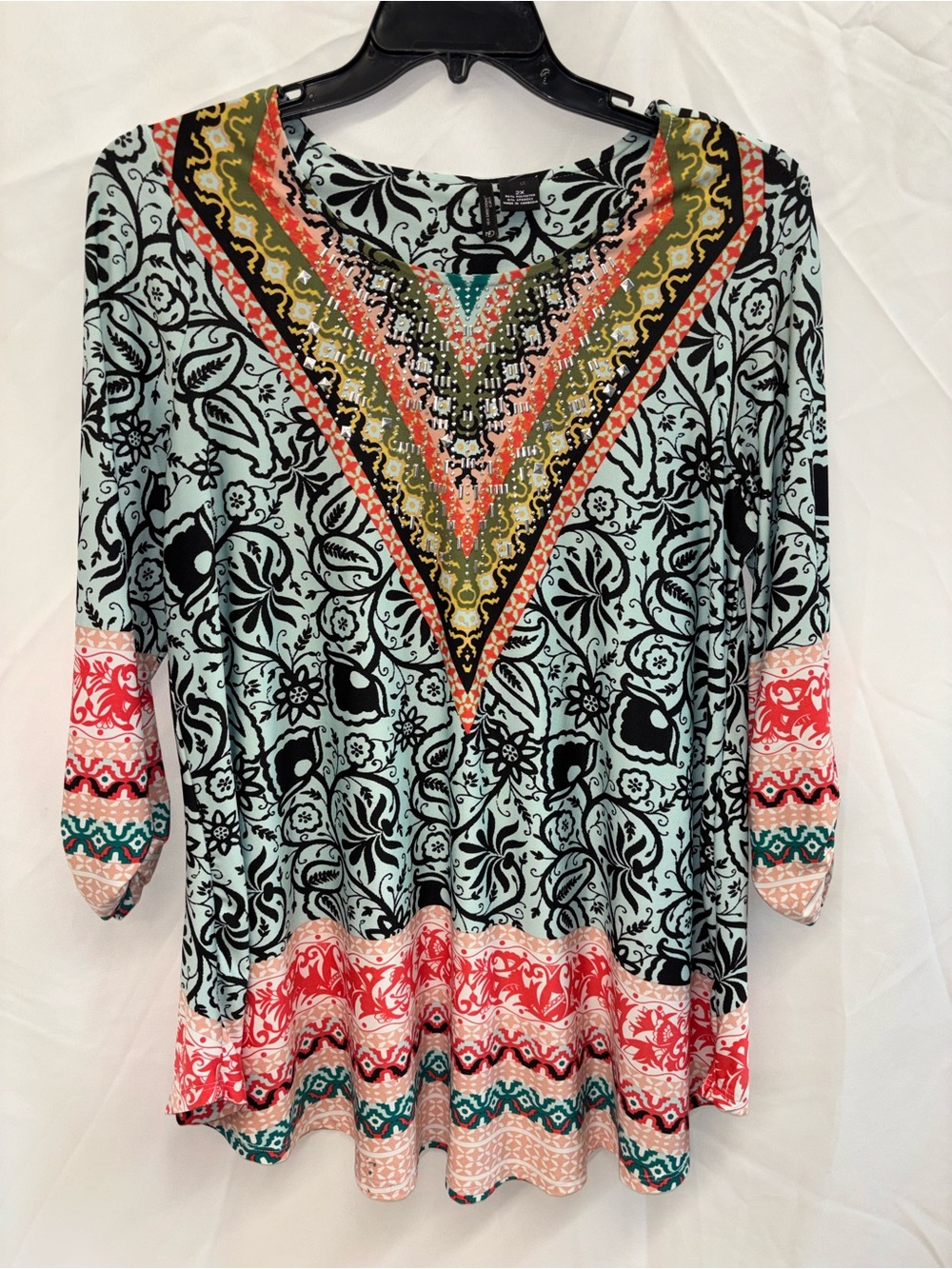 new directions Mint, Coral & Black Boho V‑Neck Tunic